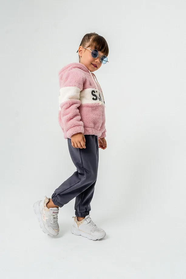 Girls' "SMILE" Printed Hooded Fleece Sweatshirt & Jogger Set – 2-Piece Winter Tracksuit