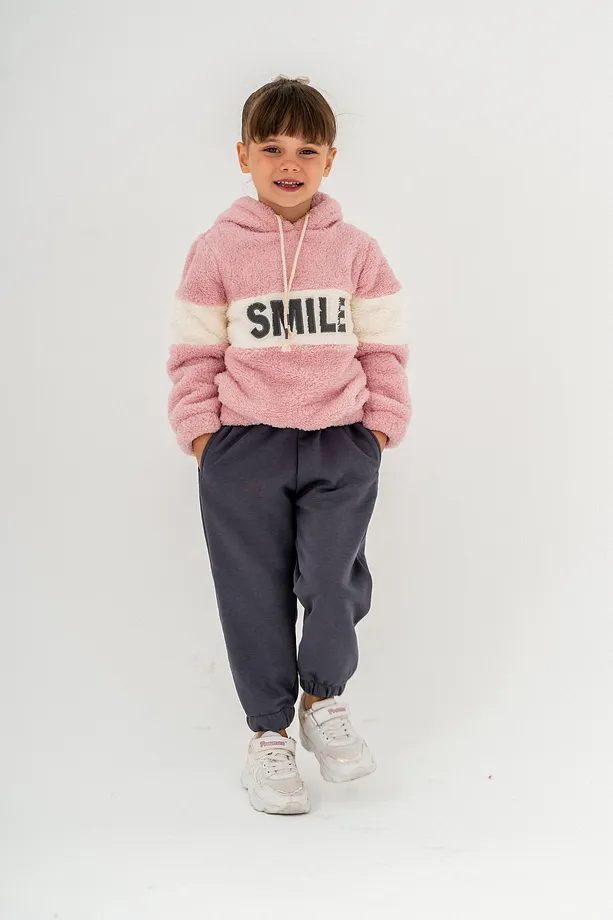 Girls' "SMILE" Printed Hooded Fleece Sweatshirt & Jogger Set – 2-Piece Winter Tracksuit