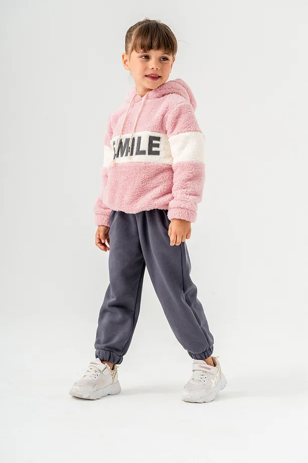 Girls' "SMILE" Printed Hooded Fleece Sweatshirt & Jogger Set – 2-Piece Winter Tracksuit