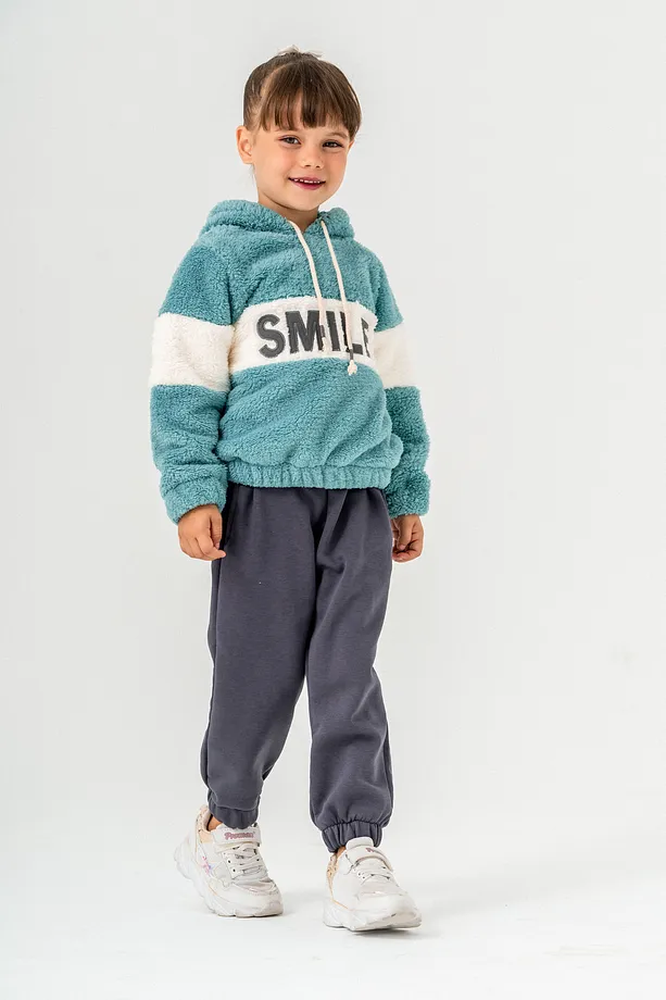 Girls' "SMILE" Printed Hooded Fleece Sweatshirt & Jogger Set – 2-Piece Winter Tracksuit