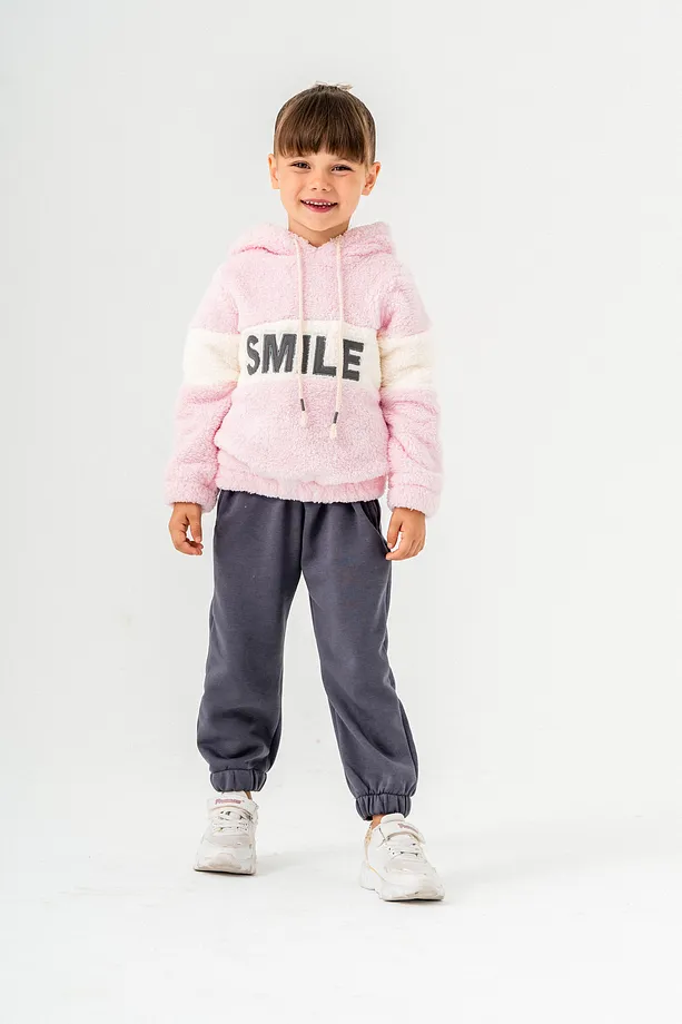 Girls' "SMILE" Printed Hooded Fleece Sweatshirt & Jogger Set – 2-Piece Winter Tracksuit