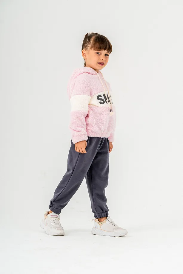 Girls' "SMILE" Printed Hooded Fleece Sweatshirt & Jogger Set – 2-Piece Winter Tracksuit