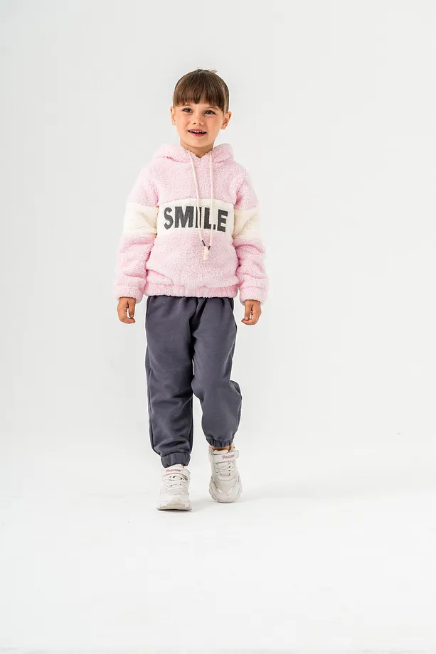 Girls' "SMILE" Printed Hooded Fleece Sweatshirt & Jogger Set – 2-Piece Winter Tracksuit