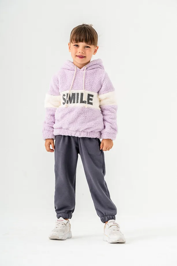 Girls' "SMILE" Printed Hooded Fleece Sweatshirt & Jogger Set – 2-Piece Winter Tracksuit