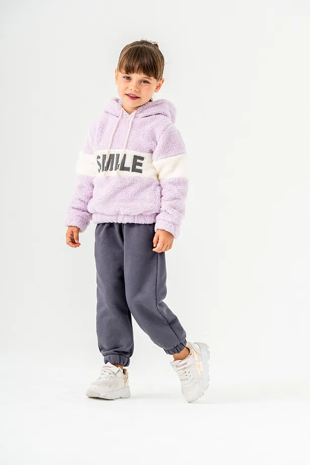 Girls' "SMILE" Printed Hooded Fleece Sweatshirt & Jogger Set – 2-Piece Winter Tracksuit