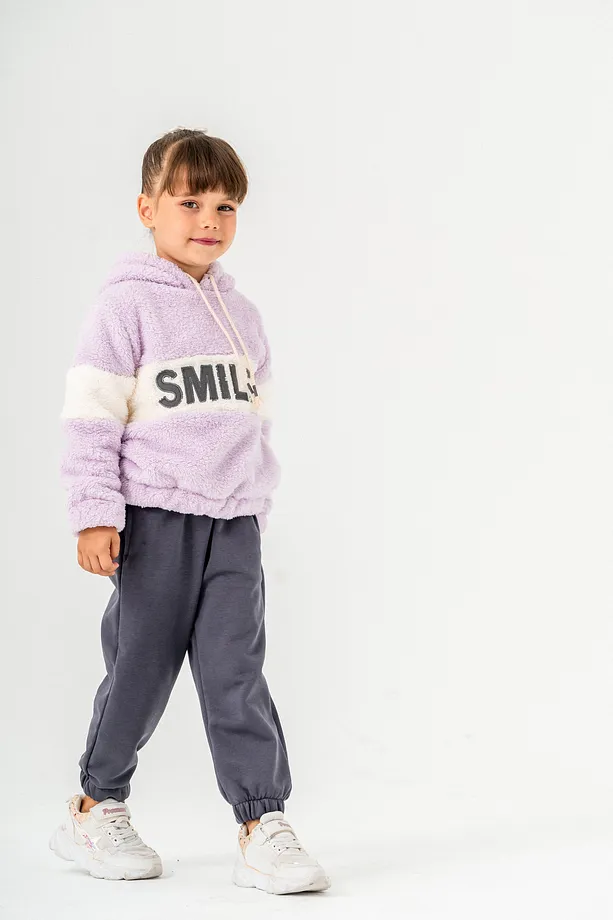 Girls' "SMILE" Printed Hooded Fleece Sweatshirt & Jogger Set – 2-Piece Winter Tracksuit