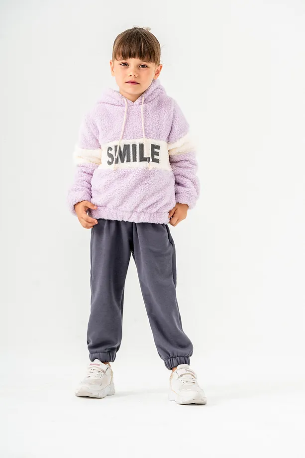 Girls' "SMILE" Printed Hooded Fleece Sweatshirt & Jogger Set – 2-Piece Winter Tracksuit