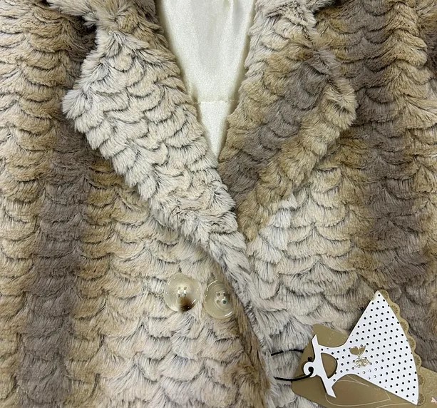 Girls' Beige Herringbone Pattern Plush Coat – Long Fit