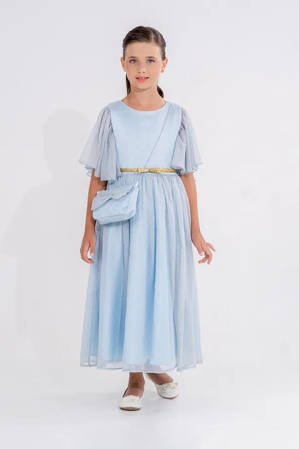 Girls’ Star-Patterned Chiffon Party Dress with Belt and Gift Bag