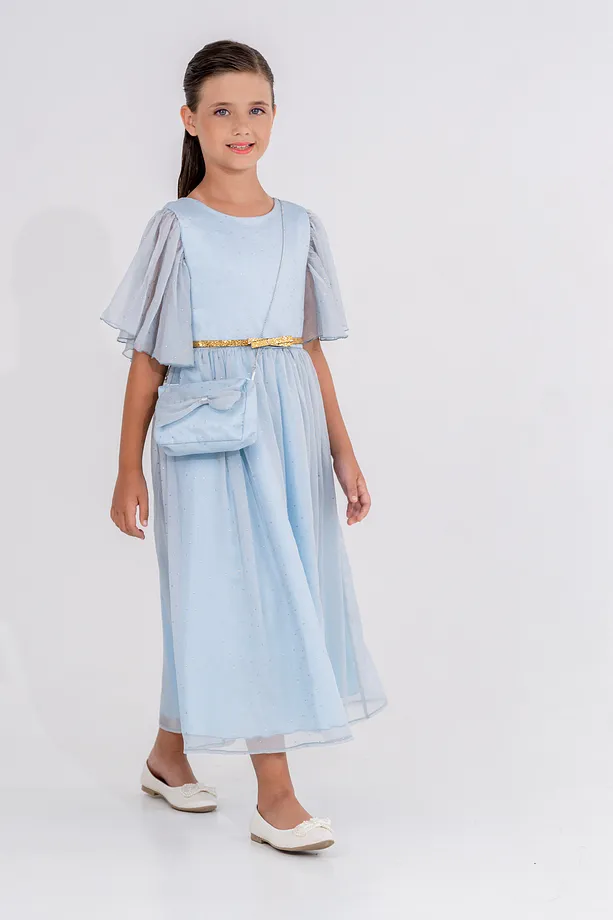 Girls’ Star-Patterned Chiffon Party Dress with Belt and Gift Bag