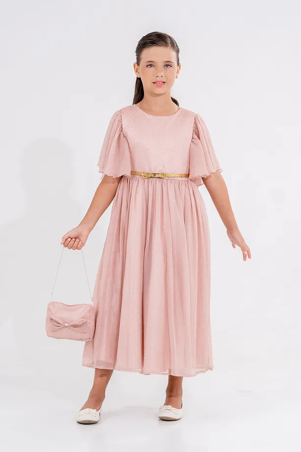 Girls’ Star-Patterned Chiffon Party Dress with Belt and Gift Bag