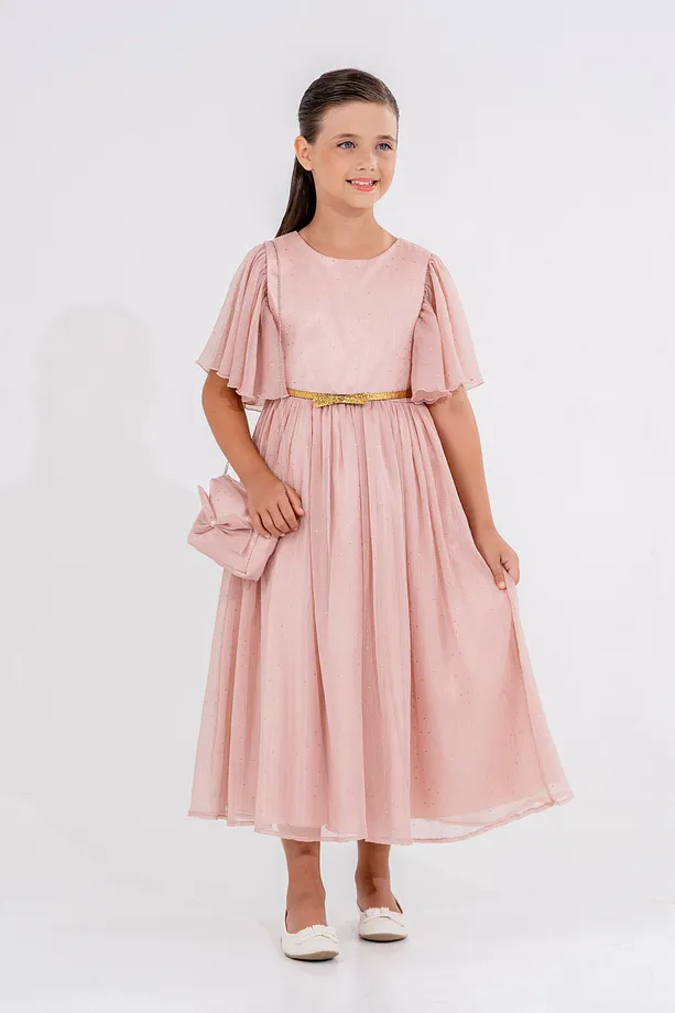 Girls’ Star-Patterned Chiffon Party Dress with Belt and Gift Bag