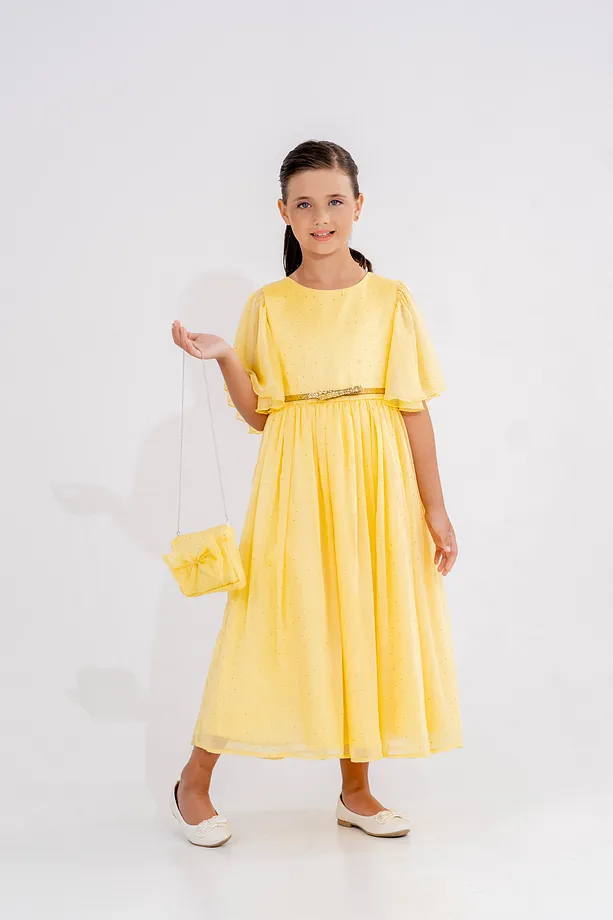 Girls’ Star-Patterned Chiffon Party Dress with Belt and Gift Bag