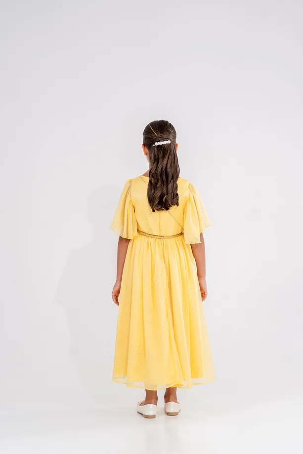 Girls’ Star-Patterned Chiffon Party Dress with Belt and Gift Bag