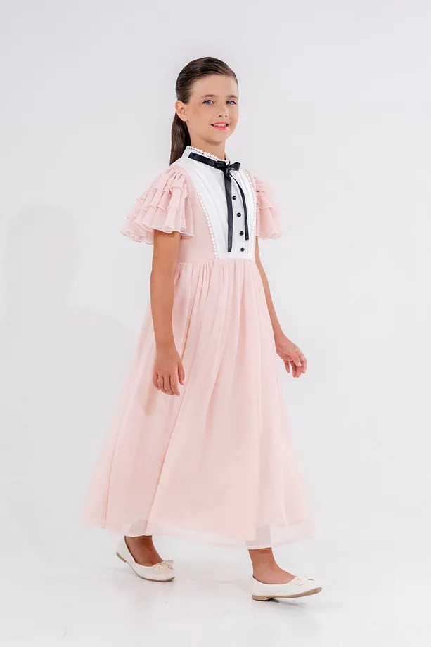 Girls’ Long Chiffon Party Dress with Pleats and Ruffled Sleeves