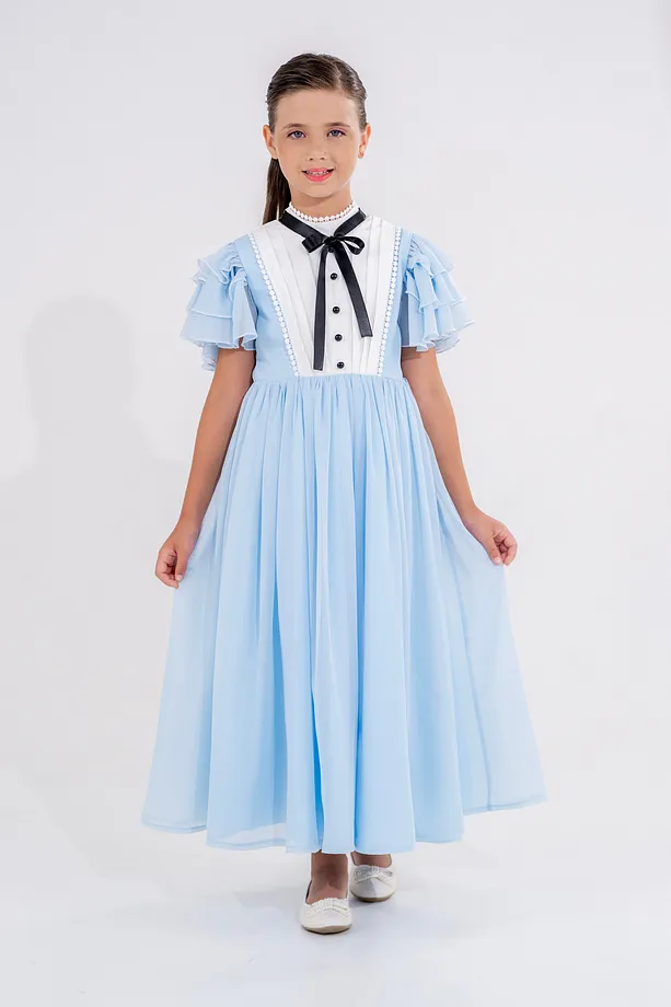 Girls’ Long Chiffon Party Dress with Pleats and Ruffled Sleeves