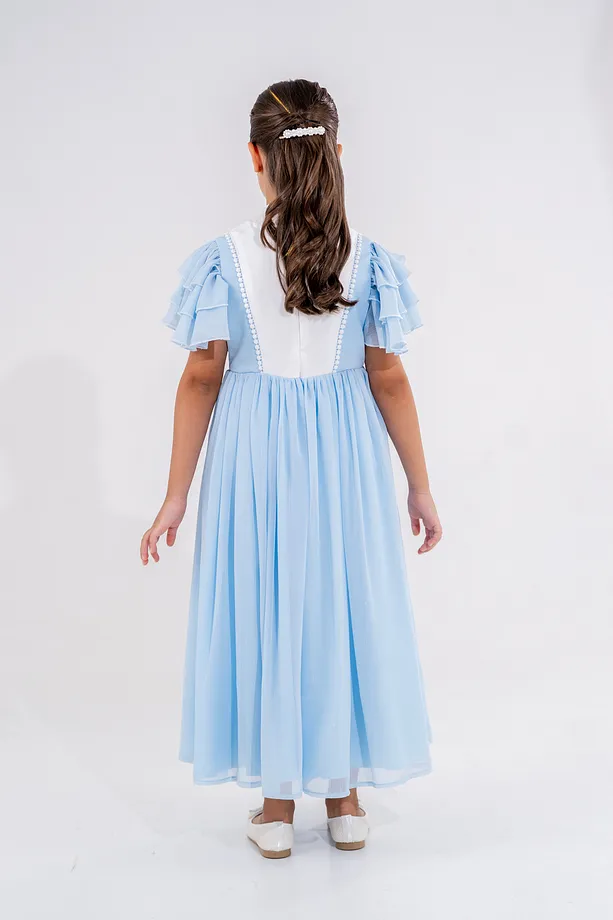 Girls’ Long Chiffon Party Dress with Pleats and Ruffled Sleeves