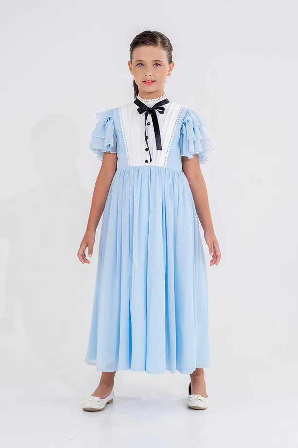 Girls’ Long Chiffon Party Dress with Pleats and Ruffled Sleeves