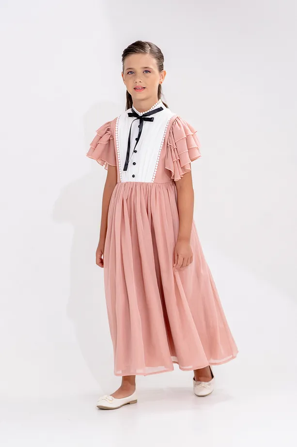 Girls’ Long Chiffon Party Dress with Pleats and Ruffled Sleeves
