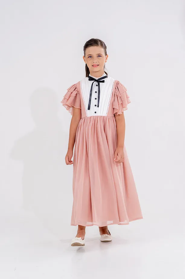 Girls’ Long Chiffon Party Dress with Pleats and Ruffled Sleeves