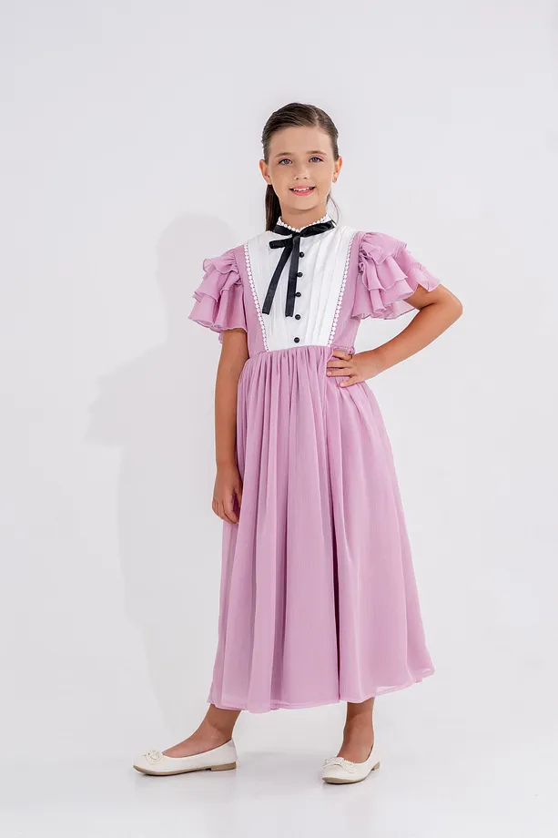 Girls’ Long Chiffon Party Dress with Pleats and Ruffled Sleeves