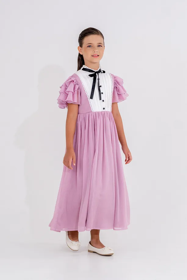 Girls’ Long Chiffon Party Dress with Pleats and Ruffled Sleeves