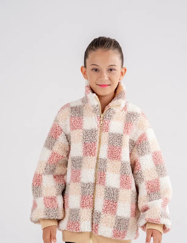 Girls' Pink Plaid Ribbed Fleece Jacket – Oversized Fit