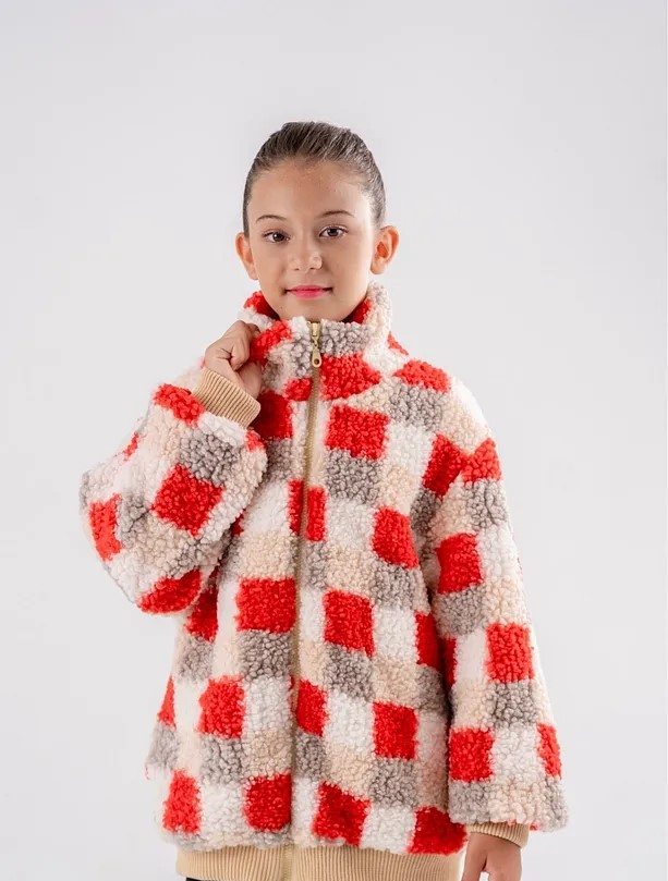 Girls' Pink Plaid Ribbed Fleece Jacket – Oversized Fit