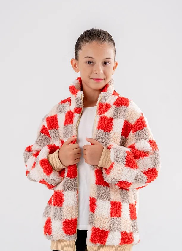 Girls' Pink Plaid Ribbed Fleece Jacket – Oversized Fit