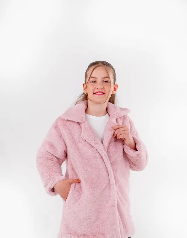 Girls' Plush Jacket Coat with Classic Collar – Slim Fit